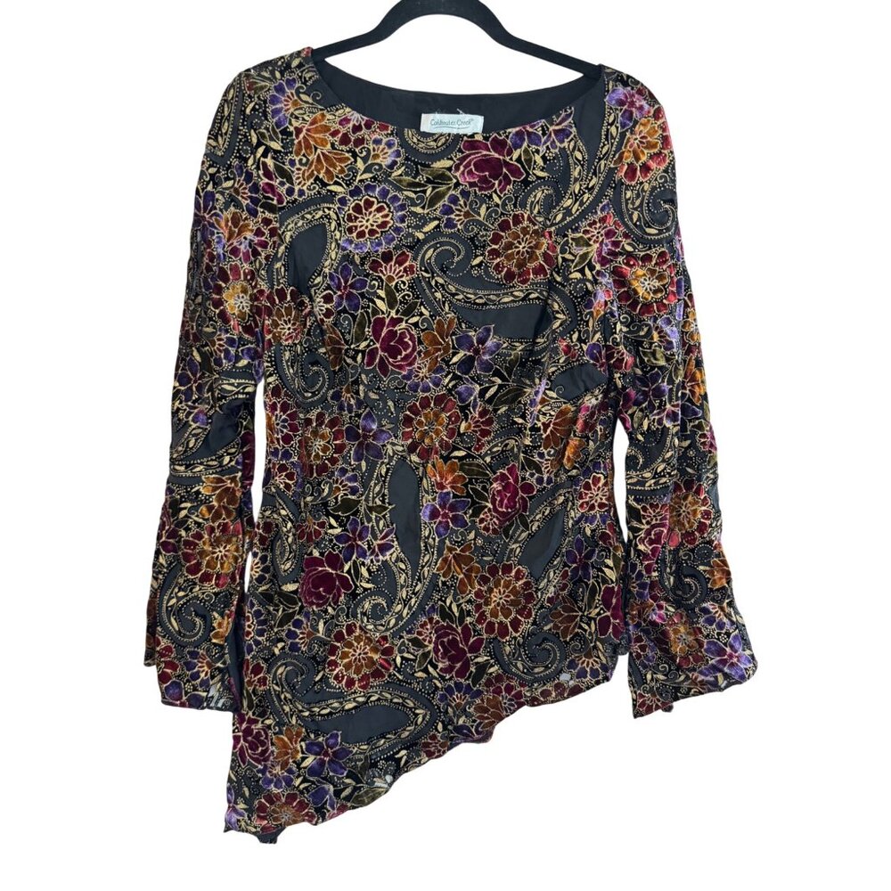 Coldwater Creek Velvet Floral Paisley Asymmetric Hem Blouse S Black Gold Purple